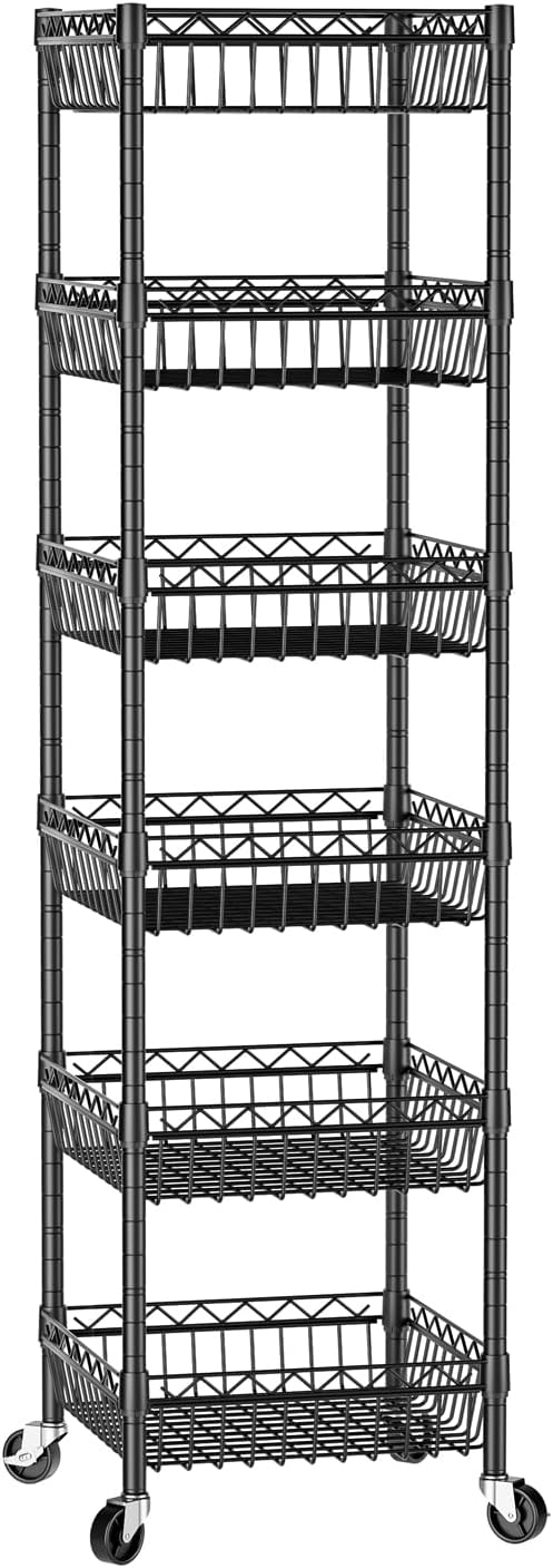 SINGAYE 6 Tier Shelf Wire Shelving Adjustable Storage Shelves Basket Rack | Adjustable Shelves with Wheels Metal Storage Unit Closet Bathroom Organizers Pantry Kitchen Garage Laundry Room Black