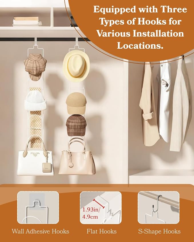 10 Pack Over The Door Hat Organizer for baseball caps | Multi-Functional Baseball Hat Rack for Closet | Wall Mounted Hat s torage organizer | 5 types of accessories cap holder stand w hooks ,White
