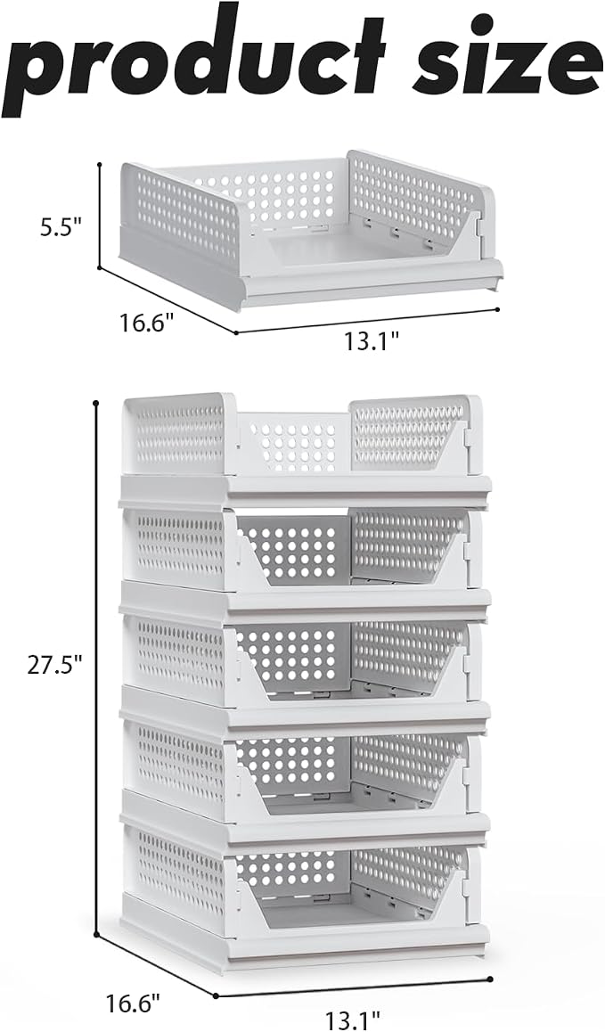 Proarea Stackable Closet Storage Bins, 5 Pack Closet Organizers and Storage, Open Front Plastic Shelf Baskets, Foldable Organizer Bins for Clothes, Towels and Linens, White