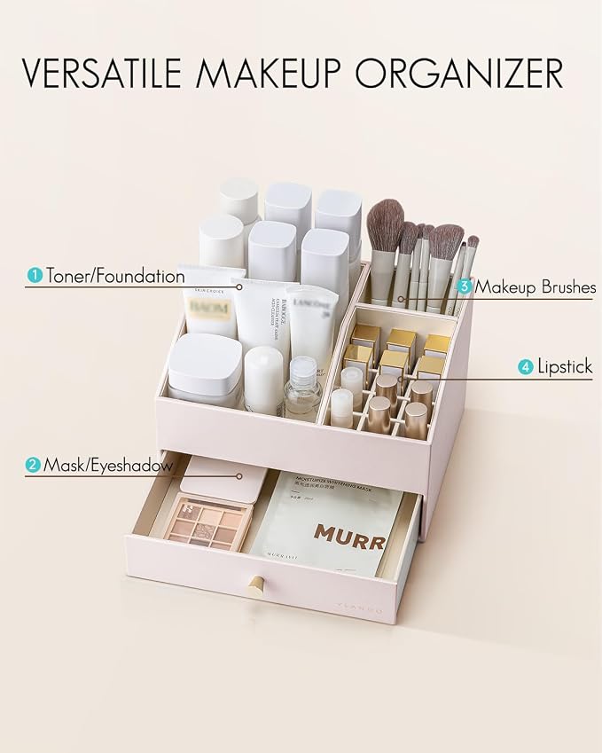 VLANDO Makeup Organizer,Vanity Organizer with Drawers, PU Leather Skincare Organizer Perfume Organizer,Large Cosmetic Display Case for Lipstick,Brushes Gifts for Women-Apricot White