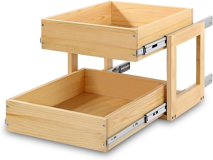 Mulush Pull Out Cabinet Organizer, 17''W×21''D×16''H Soft Close Slide Out Wood Drawer Shelves Storage for Kitchen, 2-Tier, Finished, Heavy-Duty, Bottom Assembly