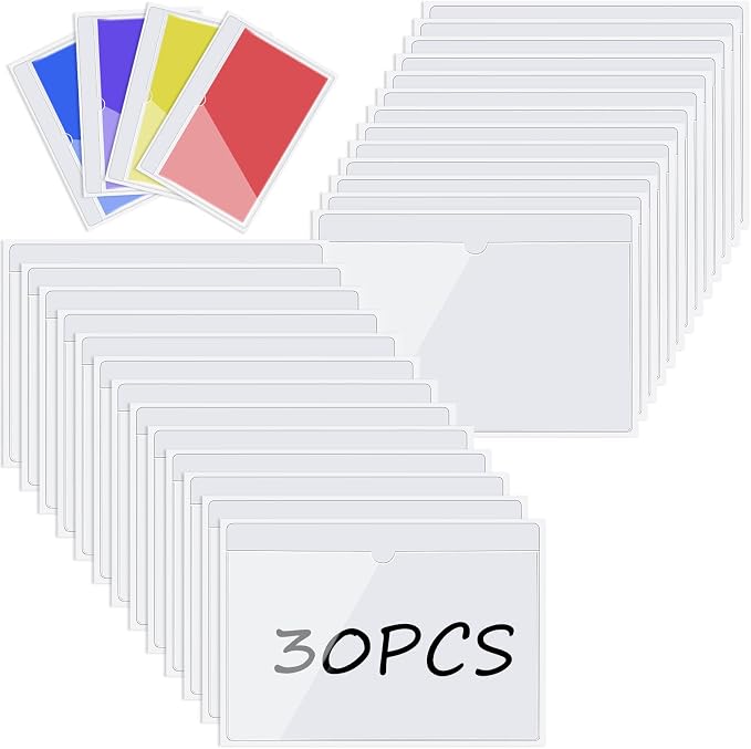 Chinco 30 Pcs Self Adhesive Pockets, Bin Labels for Storage Bins, Clear Pocket Label Sleeves, Plastic Index Card Holder with Top Open for Organizing Bins Box Drawer(9.9 x 7 Inches)