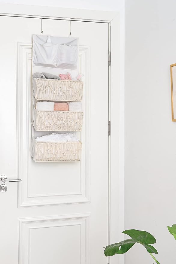 Mkono Macrame Over The Door Organizer Boho Decor Hanging Nursery Storage with 3 Large Woven Pockets, Back of Door Organizer for Bedroom Bathroom Closet Pantry Dorm, Ivory, Gifts for Mother, Girls