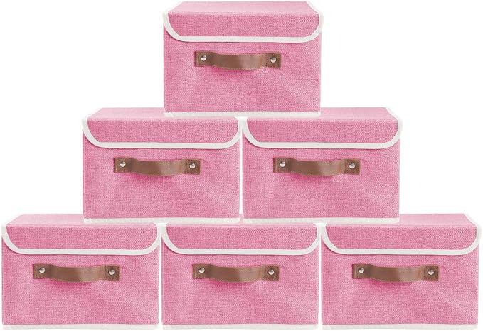 2Pack Storage Bins Boxes with Lids 10" x 8" x 7" Decorative Storage Baskets | Cotton Linen Fabric, Collapsible, Faux Leather Handles, Storage Cubes, Closet Shelf Clothes Organizer Container, Pink