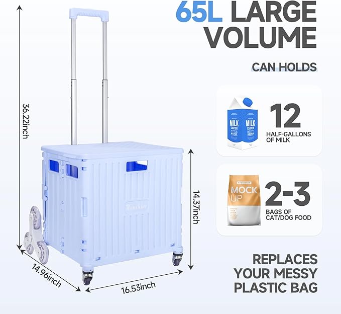 Folding Rolling Cart on Stair Climbing Wheels : Rolling Crate for Grocery File Office Book (Blue)