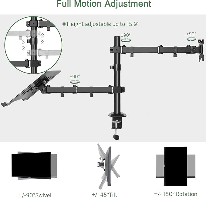 UPGRAVITY Monitor and Laptop Mount, Monitor Arm with Vented Tray for 13" to 27" LCD Computer Screens and Notebook up to 17 inch, Fully Adjustable Laptop Mount Stand Holds up to 17.6lbs