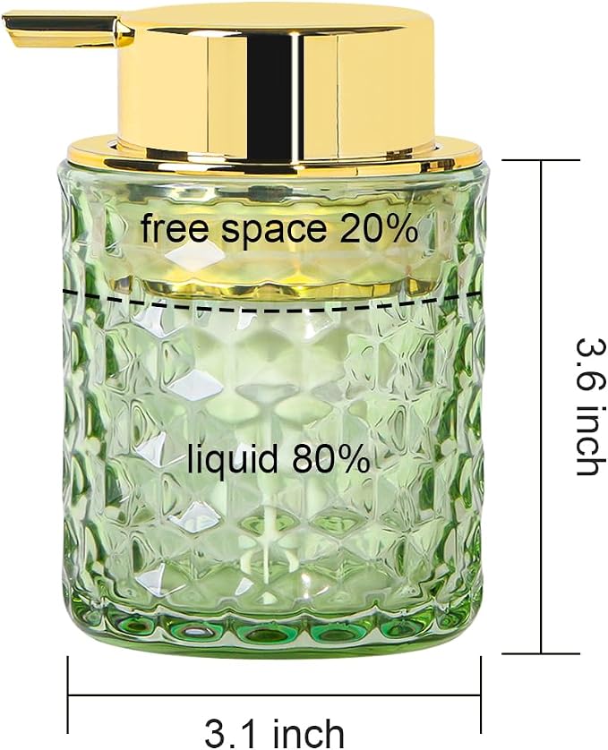 10 Oz Glass Hand Soap Dispenser with Pump, Refillable Bathroom Gold Foaming Soap Dispenser, Vintage Glass Diamond Lotion Container Bottle for Bathroom and Kitchen (1, Green and Gold)