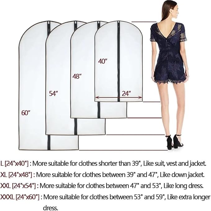 Dress Bags for Hanging Clothes12 PCS Transparent Waterproof Dustproof Bags for Wardrobe Storage Coat Covers for Closet Full Zipper Garment Bags for Long Dress Costumes Gowns Coats 24''x60''
