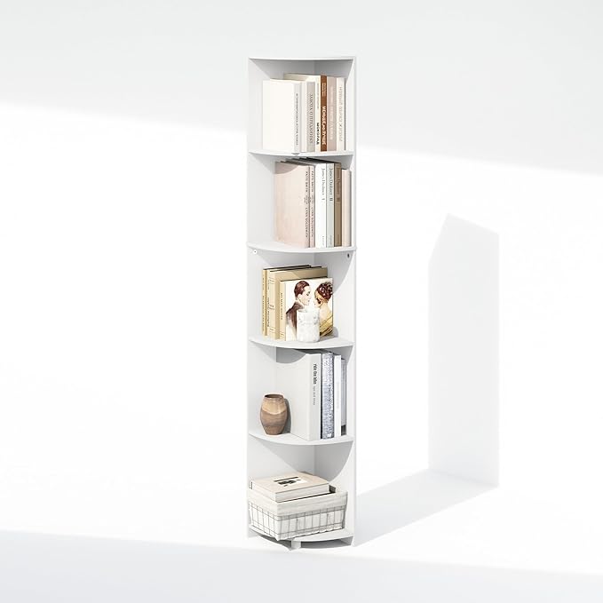 Furinno Basic Book Shelf, 5-Tier Bookshelf, Bookcase with Multipurpose Corner Shelf, 12 x 12 x 70.8, for Living Room, Bedroom, Home Office, White
