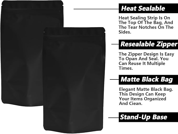 100PCS Smell Proof Resealable Pouch Bags,ULIFESTAR Aluminum Foil Flat Food Storage Bag,Sealable Pcsaging Zipper Pouches with Tear Notches for Pcsaging Lipgloss,Jewelry,etc(12*20cm/4.72*7.87",Black)