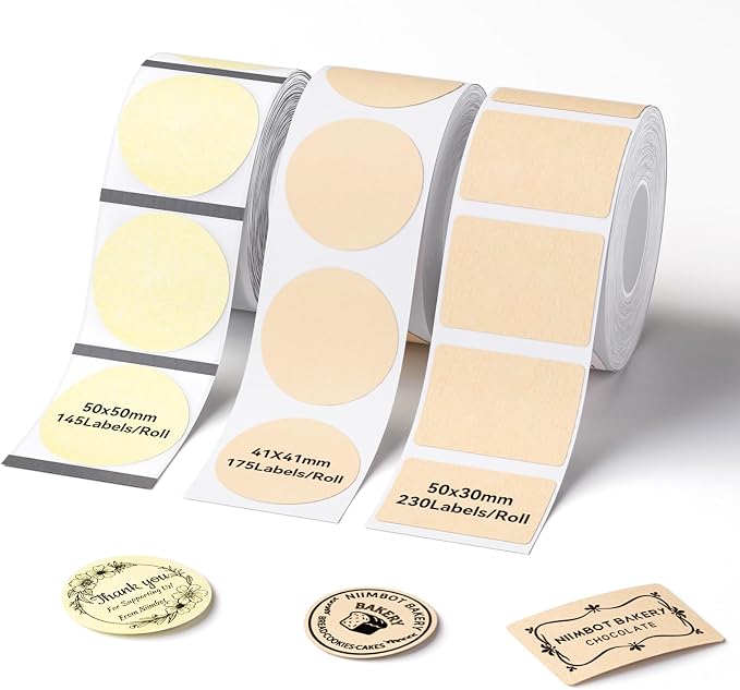 NIIMBOT 3 Roll Set Labels, 50x50mm Gold Clear/ 41x41mm Kraft/ 50x30mm Kraft | Compatible with B1/B2/B21, for Bakery Small Business, Thank You Sticker, for Home Kitchen Pantry Oragnization