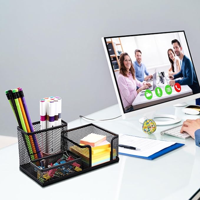 2-Piece Desk Pen & Pencil Organizer - Mesh Metal Pen Cup with Sticky Notes Holder, Black | Pen Cup, Marker Holder, Desk Caddy, Pen Organizer, Workspace