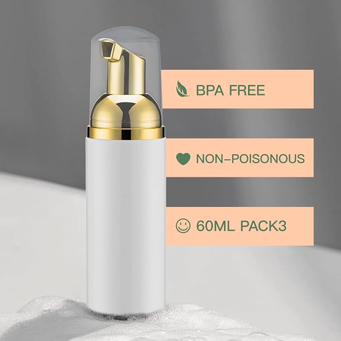 Travel Foam Pump Bottle - 2oz Small Size Foaming Hand Soap Dispenser - Mini Portable Mousse Lash Shampoo Kit Container for Hair - Empty Leak Proof Plastic Gold &Black,White,Pink Foamer 3Pack