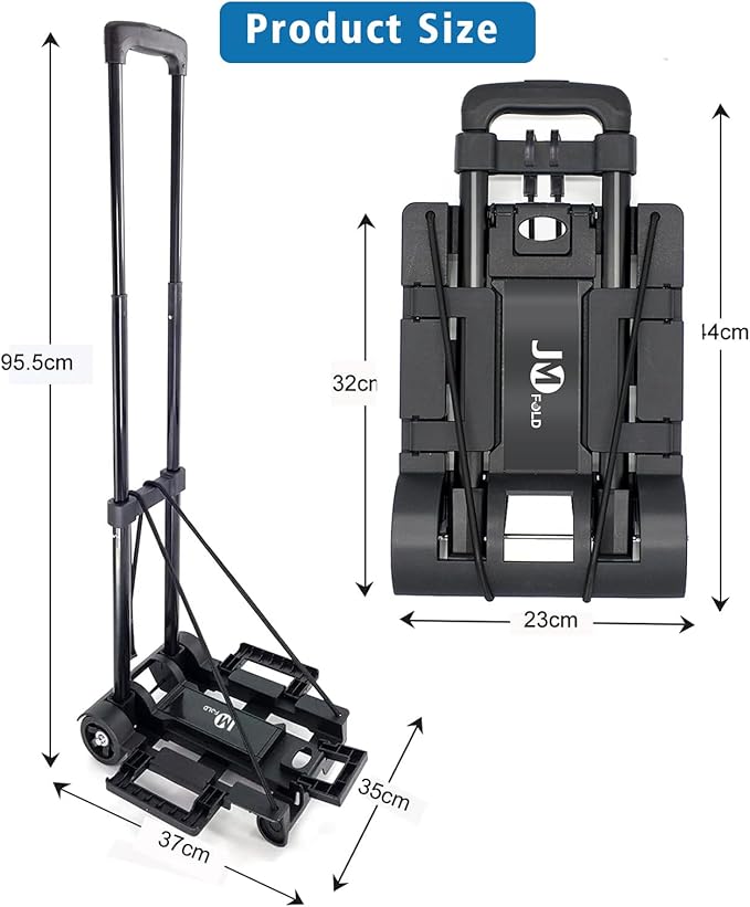 70 lbs Small Folding Hand Truck Dolly with 2 Wheels,Foldable Luggage Cart Expandable Large Chassis Foldable into Backpack for Airport,Travel,Moving and Office Use (Black-Steel)