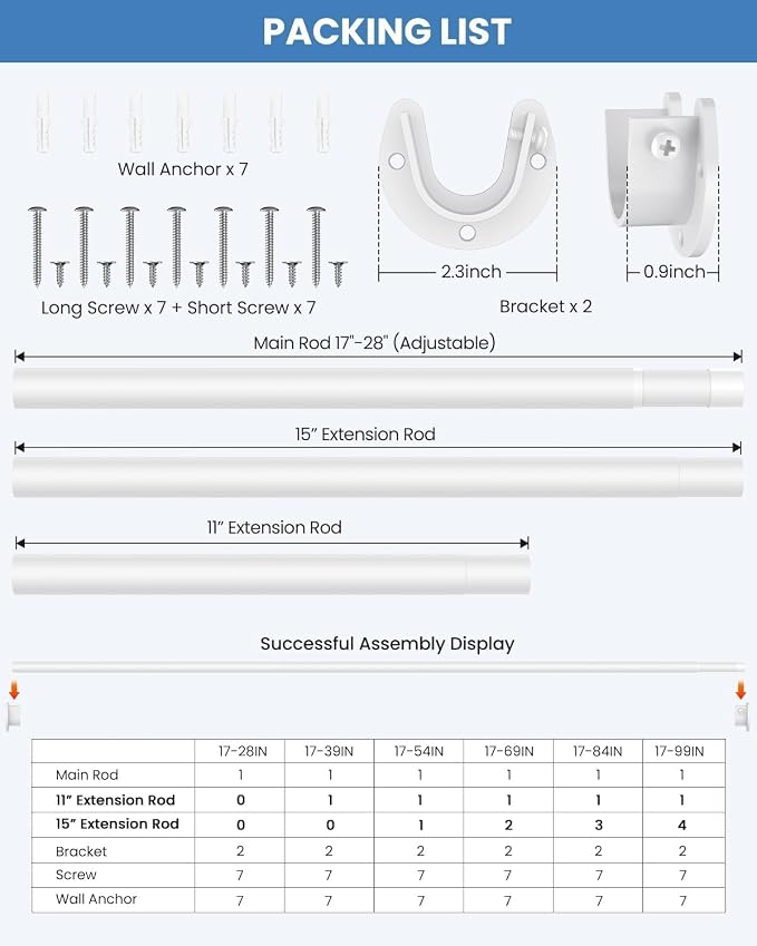 Supforce 2 PACK Closet Rods for Hanging Clothes, 17 to 39 Inches Stepless Adjustable Metal Closet Rod, 1.3 Inches Heavy Duty Clothes Hanging Rod for Closet Wardrobes Laundry RV, White