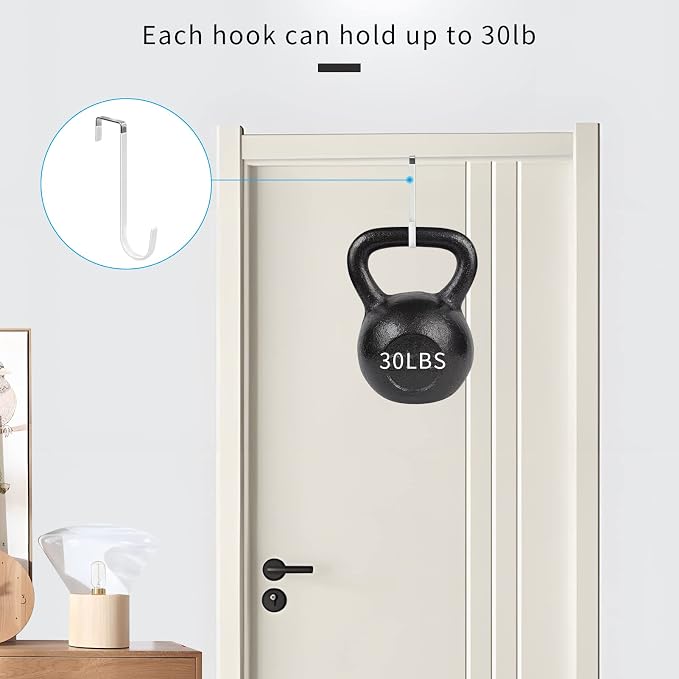 FYY Over the Door Hooks, Single-Hanger 6 Pack, Fits Doors 1.6" White | Heavy Duty Metal, Hold 20lbs, Rubber-Coated, No-Drilling, for Bathroom Dorm, Hanging Towels Clothes Hats Bags Coats Wreaths
