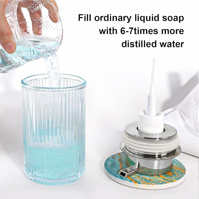 Foaming Soap Dispenser, Clear Glass Foam Soap Dispenser, 12 Oz Refillable Glass Foam Pump Bottle Container Decorative Slim Ribbed Bottle for Bathroom and Kitchen