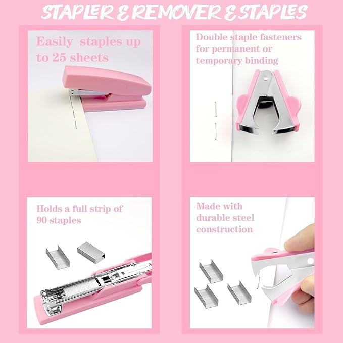 Pink Office Supplies, 17Pcs Pink Desk Accessories Set Include Stapler, Mesh Desk Organizer, Tape Dispenser, Staple Remover, Pen Holder, Clips, Pens, Ruler, for Office Home School Women Students Gift