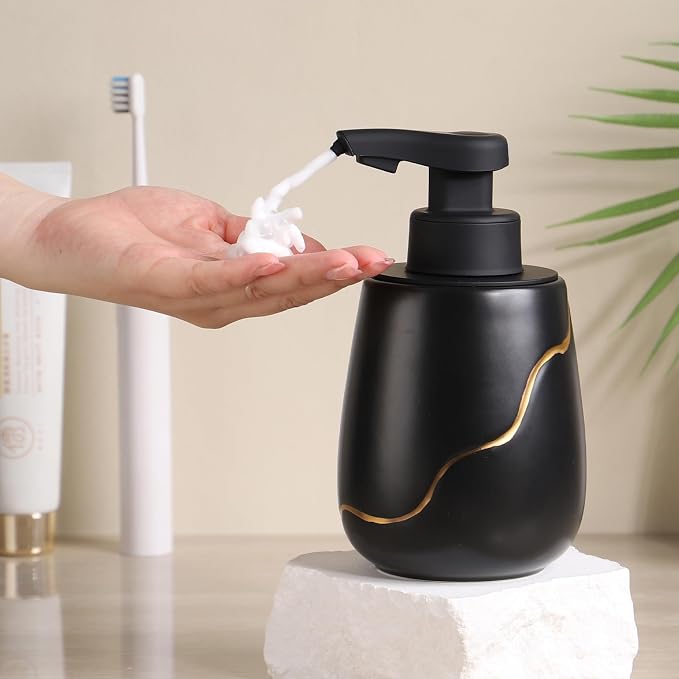 BosilunLife Automatic Foaming Soap Dispenser - Touchless Foam Hand Wash Dispenser for Bathroom Black Ceramic Smart Electric Auto Dish Soap Dispenser Waterproof, USB C Rechargeable, 17 oz/500 ml
