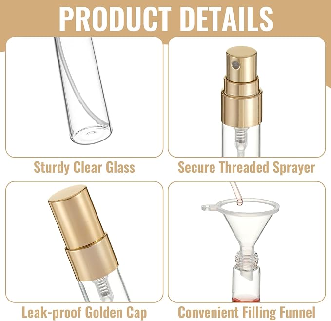 60 Pack Mini Glass Spray Bottles 10ml, Clear Empty Perfume Atomizer with Funnel & Dropper, Fine Mist Refillable Travel Spray Bottle, Small Sample Containers for Essential Oils, Hair & Toner