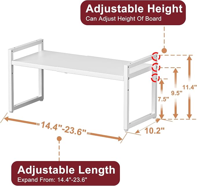 Expandable Kitchen Storage Shelves,100LBS Heavy Duty Metal Shelving Unit For Pot Pans Appliance,Adjustable White Small Shelf Rack Organizer For Kitchen Countertop Under Cabinet Closet Garage Pantry