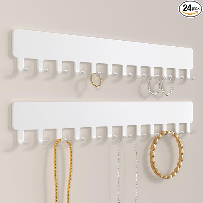 Necklace Holder Hanging Jewelry Organizer - Self-Adhesive Wall Mounted for Necklaces, Bracelets, 2 PCS, White
