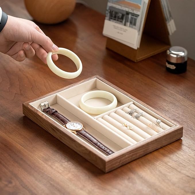 Black Walnut Wood Jewelry Tray with Velvet Lining, Multi-Functional Jewelry Organizer for Rings, Earrings, Necklaces & Bracelets, Drawer Jewelry Storage & Display Tray