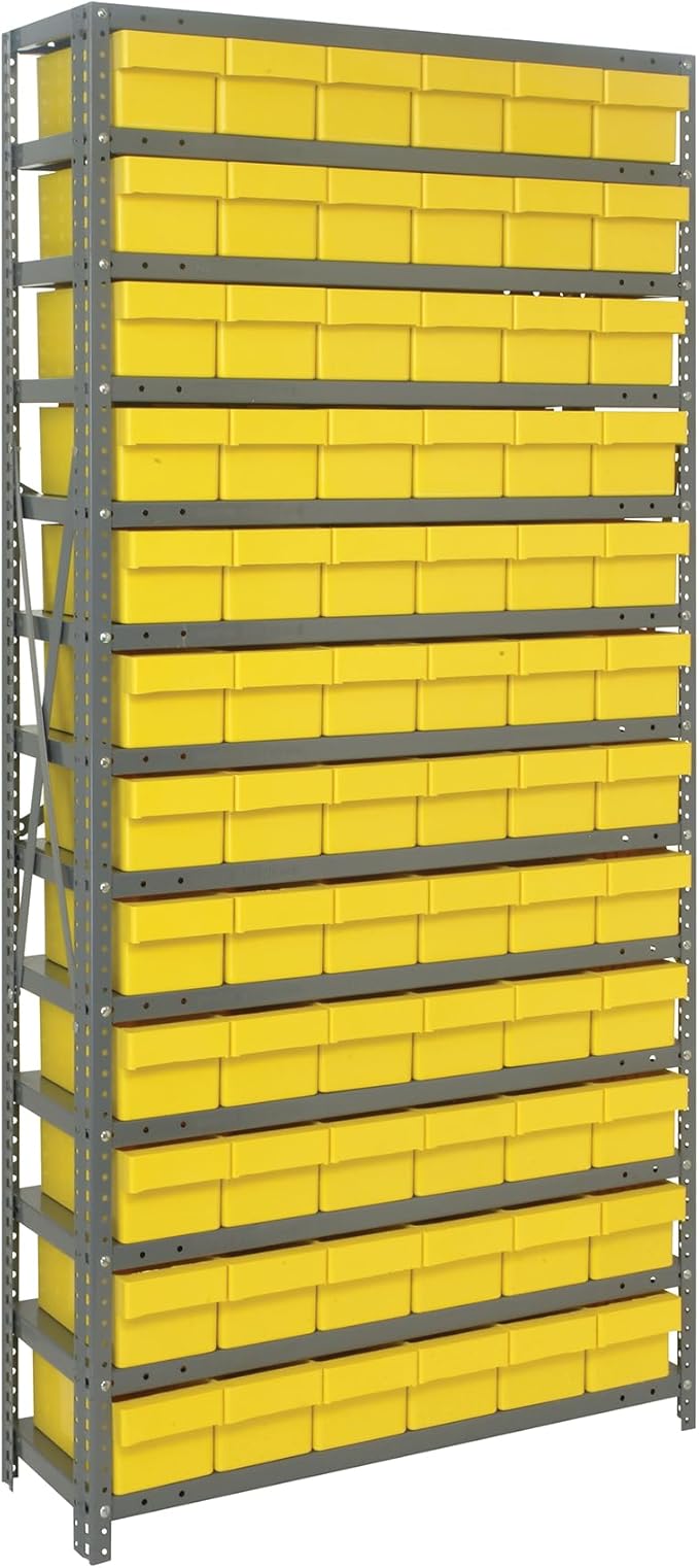 Quantum Storage Systems 1875-602YL Solid Heavy Duty 13 Shelves 72 Super Tuff Euro Yellow Bins 75" H x 36" W x 18" D