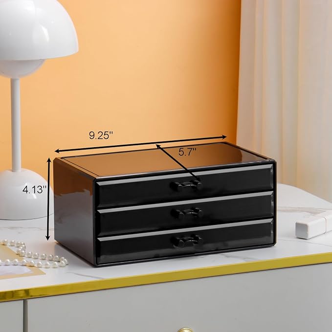 YUFONG Necklace Holder Organizer, Dustproof Necklace Box Velvet Necklace Organizer Box with Lid Clear Acrylic Dustproof Stackable Jewelry Displays for Necklaces Chain Display (Black Gray, 3 Drawer)