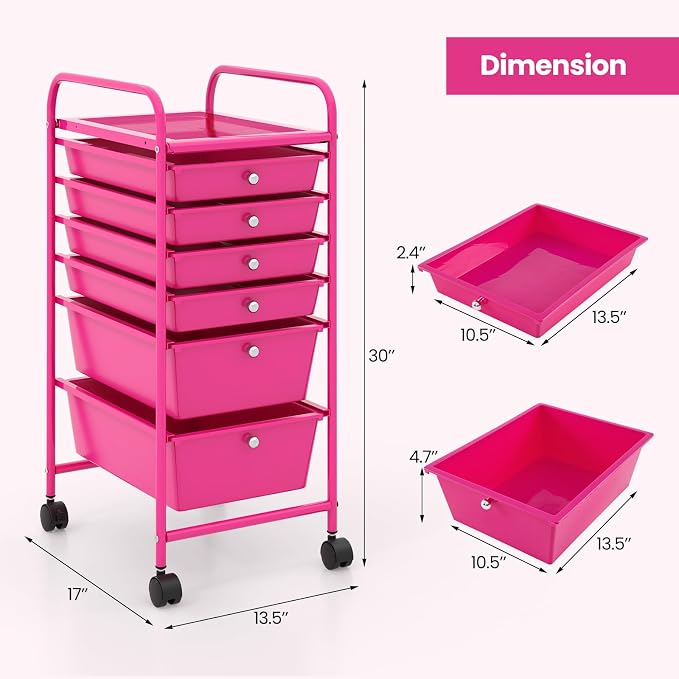 DREAMADE Rolling Cart with Storage Drawers, Utility Cart w/Removable Plastic Drawers, Lockable Wheels, Art Cart for Classroom Organization Art Supplies Office Scrapbook (6 Drawers, Hot Pink)