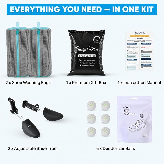 Shoe Washing Bag – 2Pcs Reusable Shoe Laundry Bags for Sneakers, 360° Deep Cleaning, Secure Lock Sneaker Washing Machine Bag with 6 Deodorizer Balls & Shoe Trees (Grey)