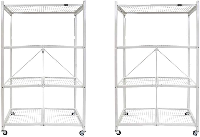 Origami 2-Pack R5 Storage Rack, 4-Tier Heavy-Duty Foldable Steel Shelf with Wheels, White