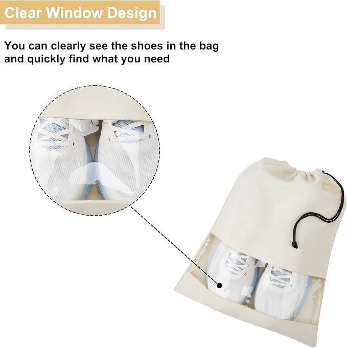 4 Pcs Shoe Bags for Travel with Clear TPU Window, 13.8"x17.7" Dustproof Travel Shoe Bags, Drawstring Travel Shoe Storage Bags for Men & Women (Beige)