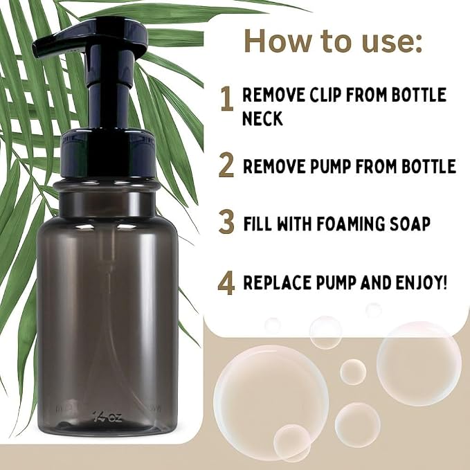 14 oz Plastic Foaming Soap Bottle Dispenser (Gray/Black) | refillable, countertop bottle, for kitchens, for bathrooms, luxurious foam