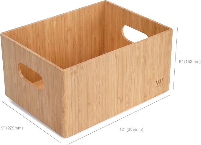 MobileVision Bamboo Storage Box PLUS LID COMBO, 12”x 9”x 6”, Durable Bin w/Handles, For Clothes, Shoes, Arts & Crafts, Closet & Office Shelf
