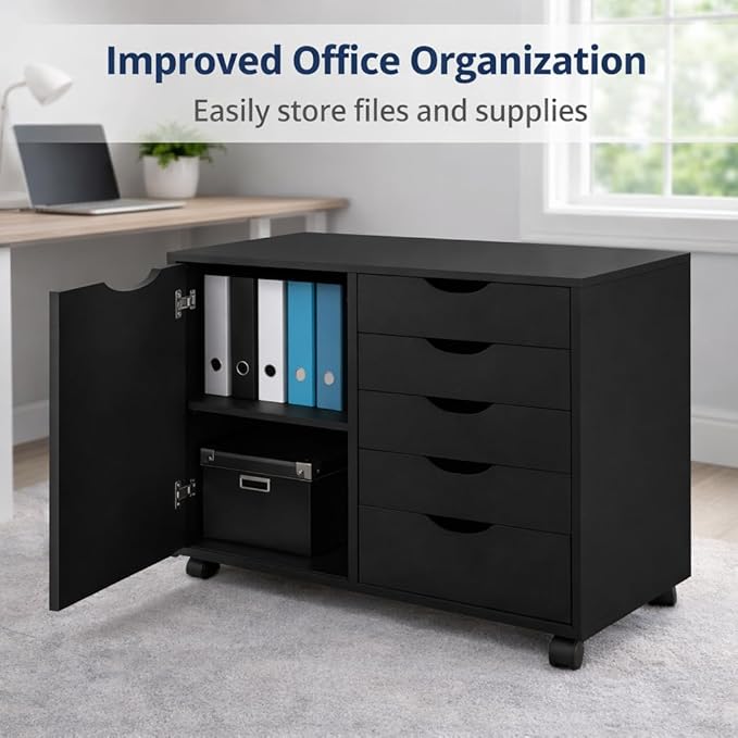 Naomi Home Wooden 5 Drawer Office File Cabinet with Shelves and Wheels, Mobile Storage Cabinet with Drawers for Home Office, Ideal for Under Desk or Printer Stand Use in Black