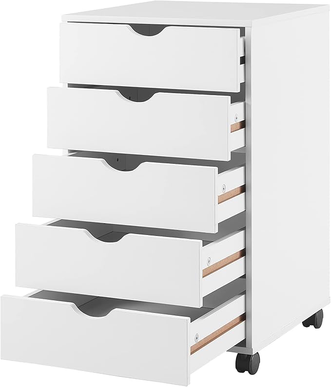 Naomi Home 5-Drawer Rolling Chest, White, Smart Storage with Metal Slide Glides & Smooth Wheels, Compact Space-Saver, Easy Assembly, Durable Engineered Wood