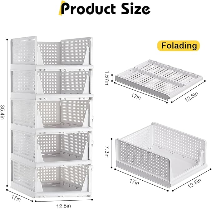 yazi 5 Pack Stackable Closet Storage Box,Closet Shelf Organizer and Storage Plastic Drawer Storage,Wardrobe Organizer Closet Organizers Storage