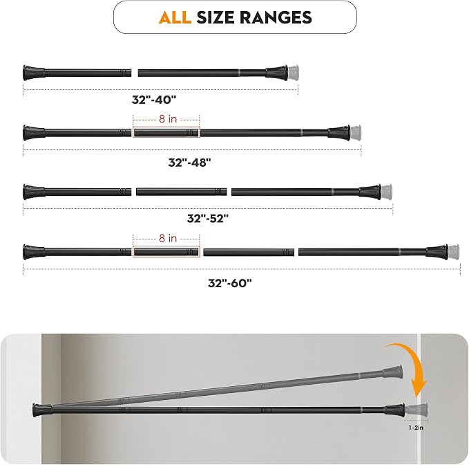 No Drilling Closet Rods for Hanging Clothes, Adjustable 32-60 in | Heavy Duty, Black, Metal, 1.1 Inch Diameter, Suitable for Closet, Wardrobe, Laundry, RV
