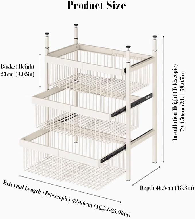 Expandable Cabinet Pull Out Basket,1-3 Tier Stackable Shelf Baskets Organizer,Carbon Steel Stackable Storage Bins,for Office Bathroom Bedroom(3 tier)
