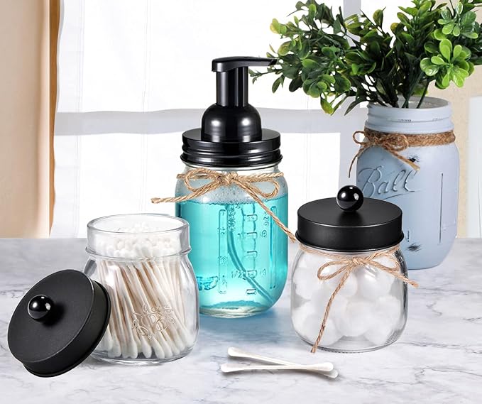 SheeChung Mason Jar Foaming Soap Dispenser-Rustproof Stainless Steel Lid & Foaming Soap Pump, Refill Foam Hand Soap Dispenser Glass for Bathroom Kitchen Vanities, Countertops-Black (1 pk)