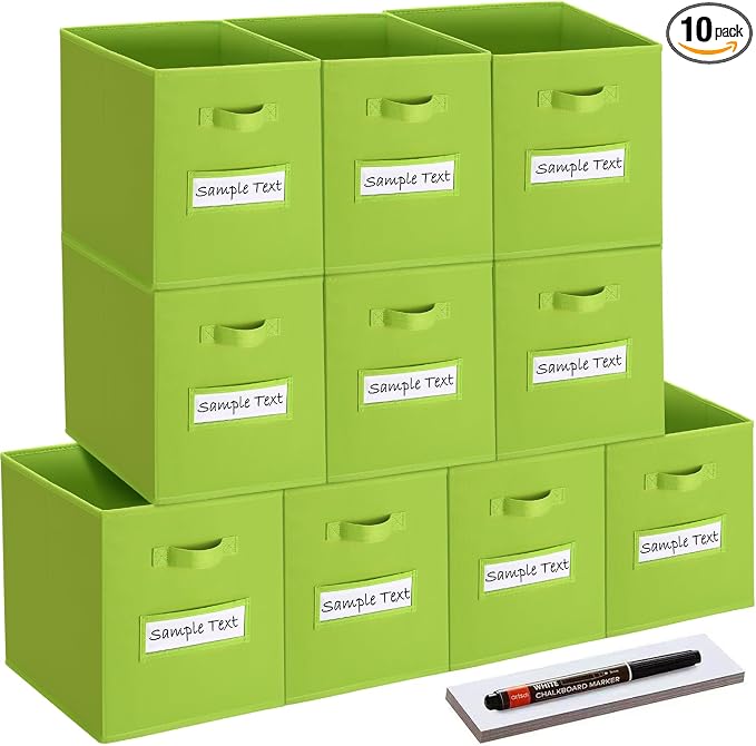 13x13 storage cube bins (Set of 10) Foldable Fabric storage cubes with 10 Labels Window Cards & a Pen,13 inch cube storage bins,Closet Organizers for Shelves,Cubby Organizer Boxes,lime green