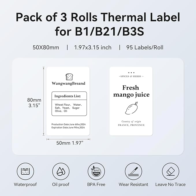 NIIMBOT 3 Roll Set Labels, 2" x 3.2" (50x80mm) Waterproof Thermal Label | for B1/B21/B31 Label Maker, for Product Info/Address/Barcode/Price/Homemade Food
