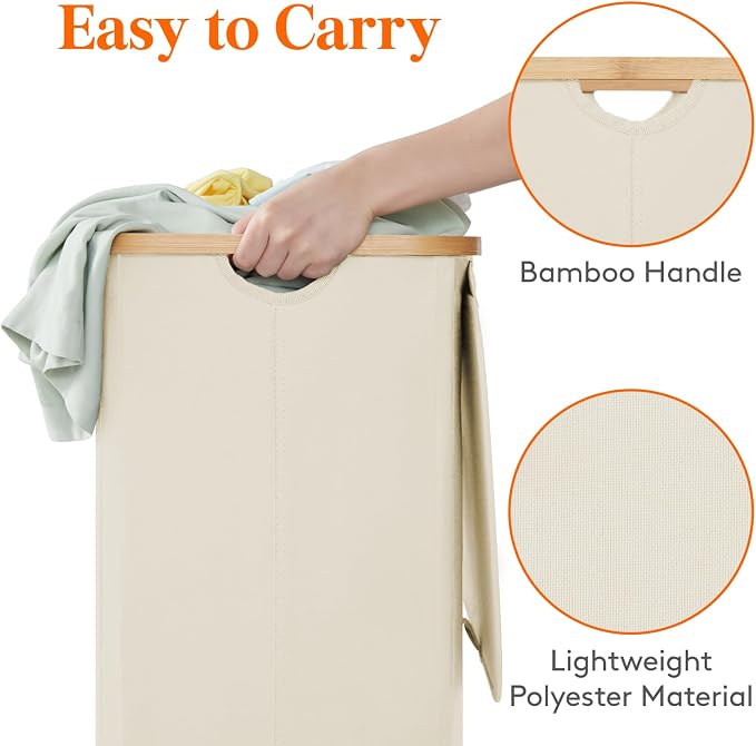 Lifewit 100L Laundry Basket with Lid, Clothes Hampers for Laundry with Bamboo Handles and 1 Removable Bag, Large Foldable Laundry Hamper for Bedroom, Bathroom, Dorm, Laundry Room, White