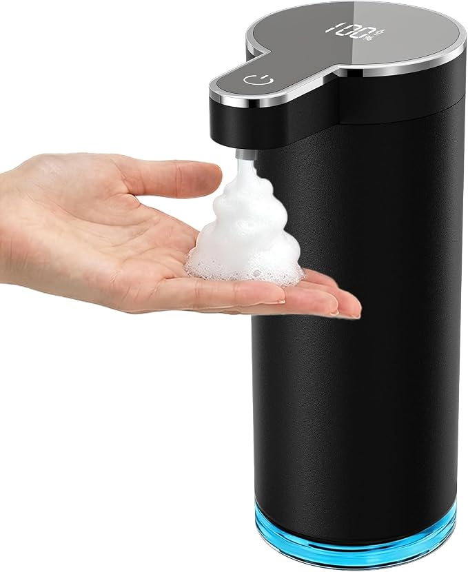 Automatic Foaming Soap Dispenser, Touchless Rechargeable Soap Dispenser for Kitchen & Bathroom, Stainless Steel, 4 Adjustable Foam Levels, USB-C, Waterproof, 12oz/350ml(Black)