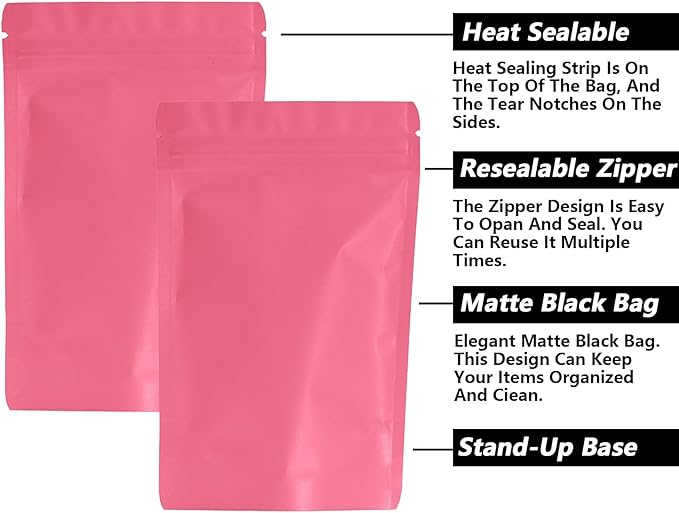 100PCS Smell Proof Resealable Pouch Bags,ULIFESTAR Aluminum Foil Flat Food Storage Bag,Sealable Pcsaging Zipper Pouches with Tear Notches for Pcsaging Lipgloss,Jewelry,etc(10*15cm/3.94*5.91",Pink)