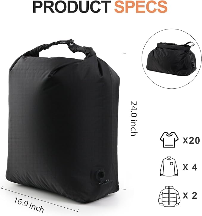 Travel Laundry Bag, Pump Free Vacuum Compression Dirty Clothes Bag Reusable Wet Dry Bags Large Capacity Space Saver Bags Camp Washable Clothes Organizer for Sports Dorm Laundromat (1 Pcs) (Black, L)