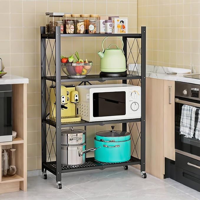 4 Tier Foldable Storage Shelves with Locking Wheels, Assembled Rolling Shelving for Kitchen, Pantry, Closet & Laundry Room, Space-Saving Organizer, 28.5" L x 14.2" W x 46.1" H