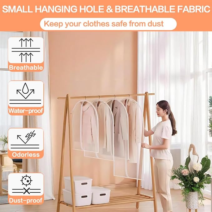 Clear Garment Bags (24'' x 48'' Set of 6) Clothes Covers for Closet Storage Closet Cover for Open Closet Hanging Clothes Travel Bag Clothes Bags with Zipper Gown Garment Bag for Long Dresses
