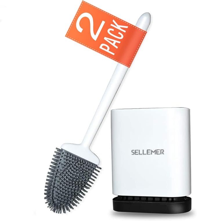 Sellemer Silicone Toilet Brush, Ventilation Slots Holder 2 Pack Pearl White | Flexible Bristles Flat Head for Rim, Hair Tangle-Free, Easy to Clean, Compact Design, Rustproof Handle, for Toilet/Sink/Tub